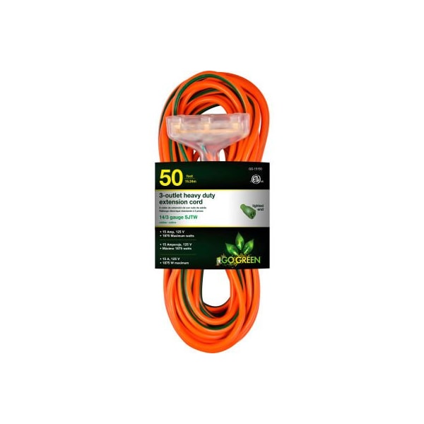 Gogreen SJTW Extension Cord, 14 AWG, Outdoor, 14/3, 3 Outlets, Orange, 50 ft GG-15150 - main